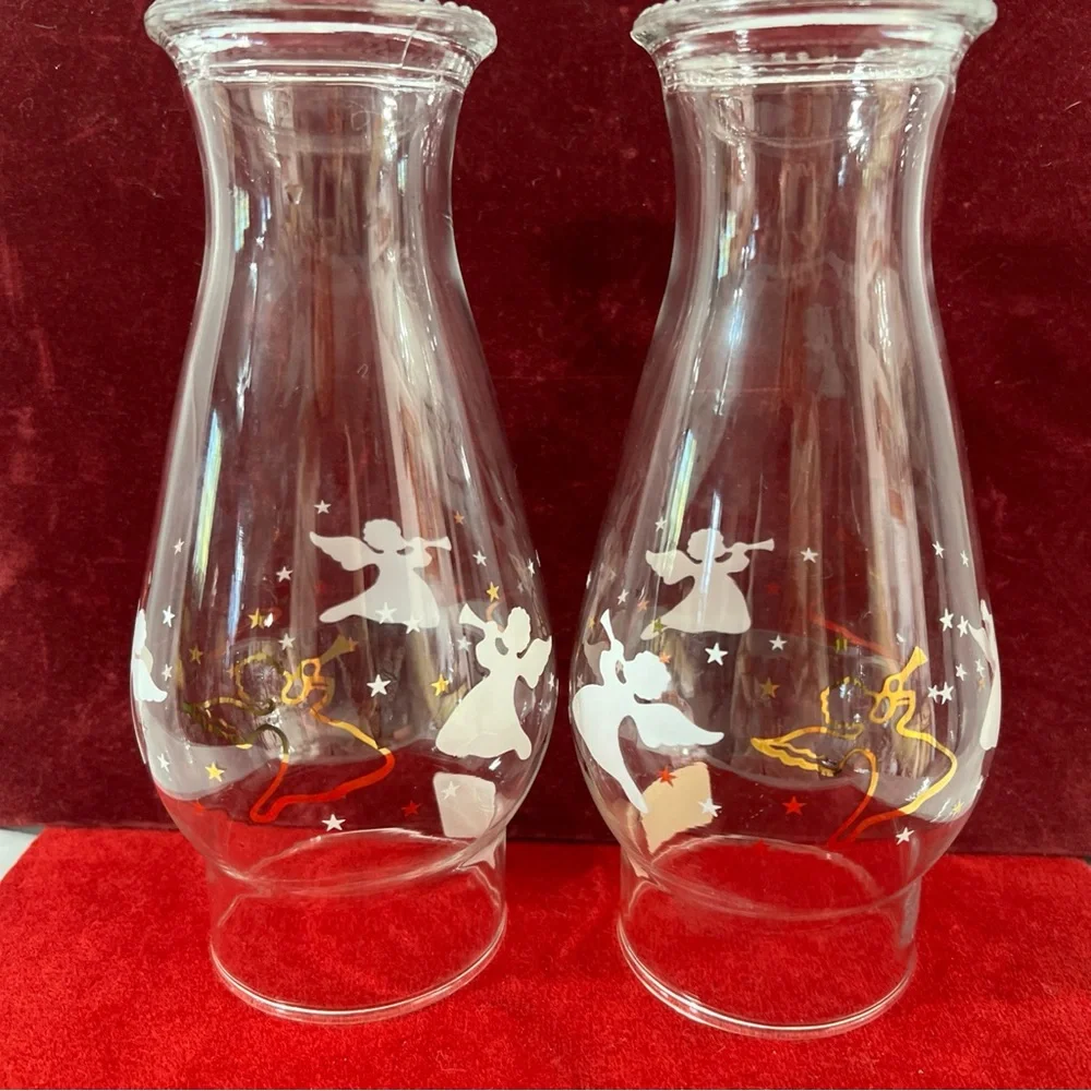 Anchor Hocking‎ hurricane lamp, Clear Glass with White & Gold Angels